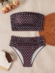 Swim Vcay 女款豹紋抹胸上衣配側面抓褶設計與高腰比基尼泳褲 2 件式泳裝套裝，適合海灘度假 - 彩色 - 查看 3