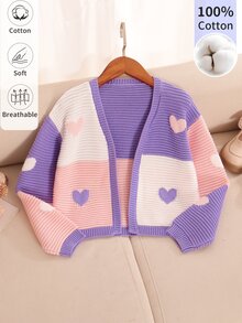 Tween Girls Heart Colorblock Knit Cardigan V-Neck Short Contrast Heart Pattern Sweater Jacket, Stylish Autumn/Winter Knit Top For Girls, Suitable For Daily Wear, School, Travel, Vacation, Party And Photo Shoots - Purple - View 6