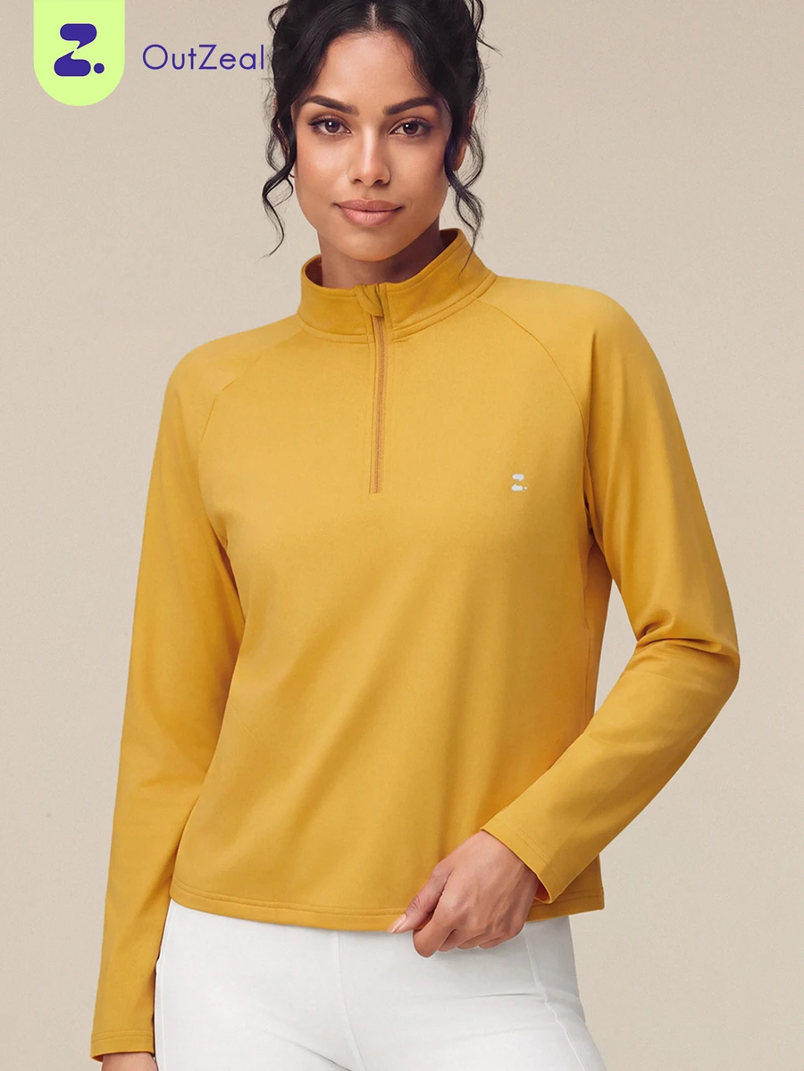 OutZeal Women Sports Tee Hiking Workout Gym Brush Lined Front Half Zip Long Sleeve Sweatshirt Winter Fall - Light Yellow - View 1
