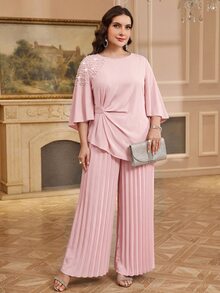 SHEIN Clasi 大尺碼女款仿珍珠裝飾上衣與長褲休閒日常兩件套 - 粉色 - 查看 7