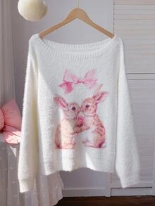 Comfortcana Women's Sweet Cartoon Rabbit Print Off-Shoulder Knit Top - White - View 7