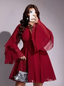 Viva Relle 大尺碼女款深V領喇叭袖時尚性感酒紅色洋裝 - 酒紅色 - 查看 2