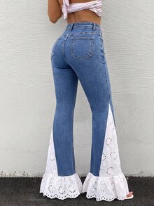 Rivivi 低腰高彈力棉質蕾絲拼接喇叭牛仔褲 - 藍色 - 查看 2