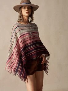Bohemela Women's Vintage Striped Boho Loose-Fit Crew-Neck Poncho Sweater For Fall, Perfect For Vacations, Going Out, And Halloween Outfits - Multicolor - View 5