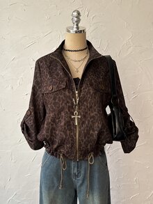 Attitoon Women's Leopard Print Zipper Casual Daily Long Sleeve Jacket - Brown - View 5