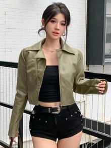 DAZY 秋季街頭風寬鬆休閒短版 PU 皮夾克機車上衣 綠色女款 Y2K - 薄荷綠 - 查看 4