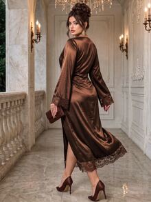 Roveilla Women's Plus Size Glossy Lace Trim Patchwork Elegant Ruched Solid Color Dress, Low-Key Elegant Lace Dress - Coffee Brown - View 2