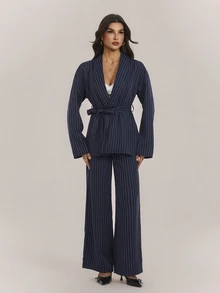 SHEIN Tall Women Fashion Striped Wrap Jacket And Casual Pants 2 Pieces Set, Office Business Commute Suit, Grey In Fall/Winter - Navy Blue - View 3