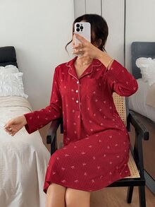 Napfluff 女款可愛長袖條紋蝴蝶結印花領口睡袍 - 彩色 - 查看 4