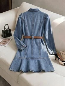 GlowEve Women's Fashion Button Long Sleeve Denim Dress - Blue - View 2