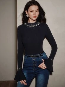 Anewsta Women's New Small Stand Collar Bell Sleeve Rhinestone Embellished Elegant Versatile Long Sleeve Base Layer Top - Royal Blue - View 3