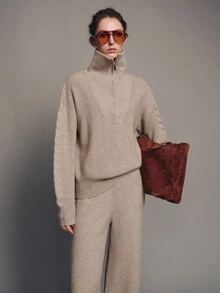 MOTF PREMIUM Knitted Half-Zip Collared Top And Wide Leg Pants 2 Pieces Set - Camel - View 4