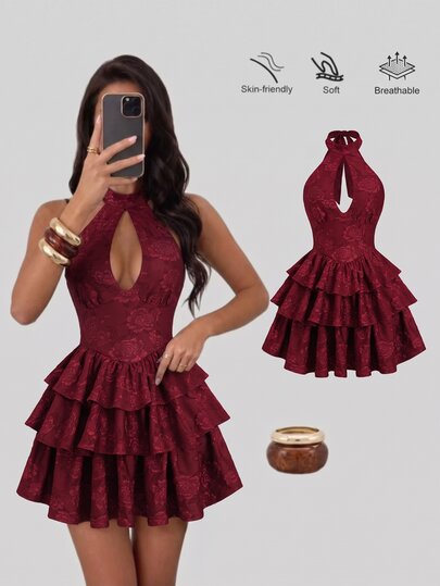 Sweetra Women's Autumn/Winter Elegant Casual Versatile Fashion Street Party Gathering Textured Jacquard Fabric Tie Bow Multi-Layer Ruffle Patchwork Burgundy Short Dress
