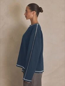 MUSERA Washed Oversized Long Sleeve Top Summer, Sporty, Casual, Day, Streetstyle, Streetwear Spring - 藏蓝色 - 查看 2