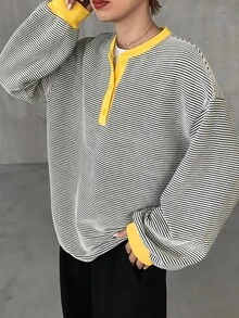 FRIFUL 女款黑白條紋休閒學院風日常長袖T恤，適合秋季日常與校園穿著 - 黃色 - 查看 5