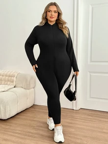 SHEIN CURVE+ Plus Size Women's Solid Color Zipper Front Long Sleeve Thermal Lined Jumpsuit Suitable For Outdoor, Home And Casual Occasions - Black - View 3