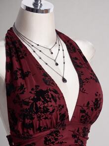 SHEIN ICON 女款大尺碼花卉印花時尚派對掛脖洋裝 冬季 - 酒紅色 - 查看 6