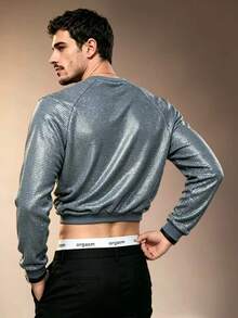 ZURIURI Men's Sequin Raglan Long Sleeve Cropped Top, Slim Fit, Flattering, Brand, Casual Daily Wear T-Shirt - Grey - View 2