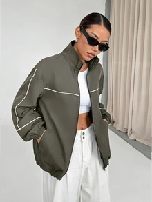 StreetHx Jaket Olahraga Putih dengan Resleting dan Hiasan Garis-Garis - Dark Grey - View 1