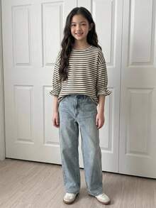 DAZY (Tween Girl) 杏色針織條紋短袖圓領秋季燈籠袖寬鬆T恤 - 卡其色 - 查看 3