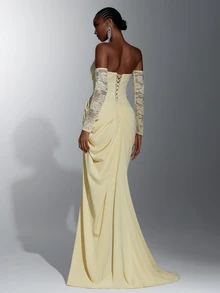 Elitara Elegant Luxurious Yellow Sexy Strapless Satin Contrast Lace Ruched Slit Back Tie-Up Braided Rope Decor Mermaid Dress For Wedding Events, Bachelorette Party, Vacation, Ball, Evening Gala - Yellow - View 2