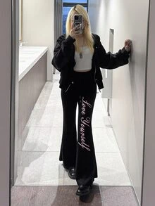 FRIFUL Women's Letter Print Drawstring Waist Casual Flare Leg Pants Fall - Black - View 5