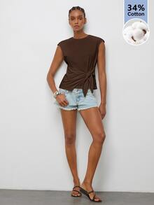 Maija Women's Solid Color Pleated Casual Daily T-Shirt - Brown - View 3
