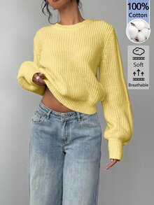 SHEIN BASICS 女款極簡舒適長袖毛衣，適合日常穿著 - 淡黃色 - 查看 3