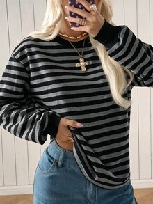 SHEIN EZwear Áo nỉ dài tay kẻ sọc phong cách thường ngày cho nữ - màu đen - Xem 3