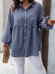 SHEIN LUNE Plus Size Fashion Plaid Button Long Sleeve Shirt For Daily Wear - Navy Blue - View 5
