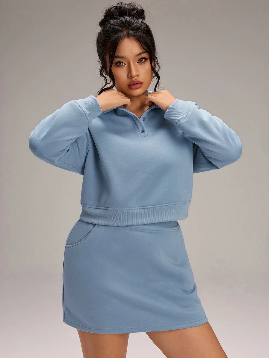 EMERY ROSE Plus Size Women Solid Color Polo Collar Fleece Lined Long Sleeve Sweatshirt And Skirt Casual 2 Pieces Set - Blue - View 1
