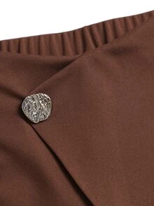 Sweetra Women's Button Decor Slanted Pocket Solid Color Slim Fit Suit Pants - Brown - View 3