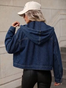 SHEIN Frenchy 女款單排扣休閒日常長袖牛仔夾克 - 中等水洗藍 - 查看 6