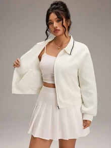 EMERY ROSE Plus Size Women's Colorblock Long Sleeve Zipper Front Casual Jacket - White - View 10