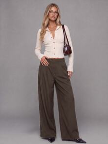 Avantive Women's Solid Color Asymmetric Button Placket Pocket Casual Suit Pants - Rust Brown - View 4