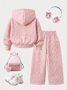 2pcs/Set Baby Girl Pink Leopard Print Zipper Long Sleeve Sweatshirt And Sweatpants Set, Cute Autumn/Winter 2 Pieces Sportswear Outfit - Multicolor - View 3