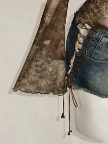 SHEIN ICON 秋季女款西式波希米亞風青色滿版印花V領抓褶優雅長袖襯衫 - 彩色 - 查看 7