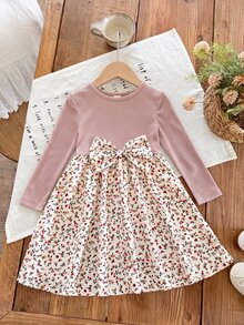 Emery Rose Kids Emery Rose Kids 女童小女孩可愛拼接洋裝，復古棕色羅紋上衣配蝴蝶結與碎花裙，長袖公主裙，適合春夏秋季 - 粉色 - 查看 4