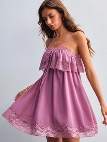 Willow Rêve Women's Lace Patchwork Pleated Casual Summer Spaghetti Strap Dress - Dusty Pink - View 3