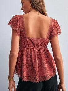 Willow Rêve Women's French Style Lace Tie Top For Date And Outing - Rust Brown - View 2