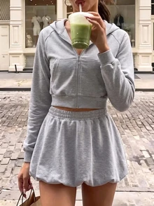 SHEIN Core Rhythm Grey Zip-Up Hoodie And Balloon Skirt 2 Pieces Set - Grey - View 5
