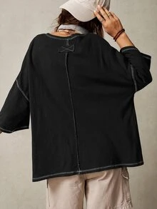 Bohemela 休閒純色針織圓領 3/4 袖寬鬆版水洗 T 恤 - 黑色 - 查看 2