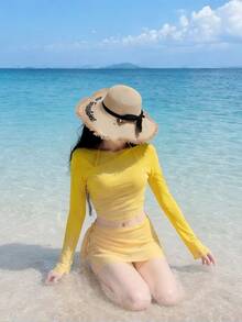 Livesso Set Bikini Halter Warna Polos Wanita dengan Penutup Lengan Panjang dan Rok, Perlindungan Matahari Musim Panas - Kuning - View 2