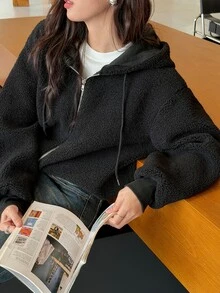 K-Vae 女款秋冬黑色紋理連帽夾克，寬鬆修身拉鍊運動衫 - 黑色 - 查看 8