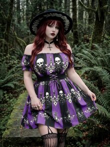 Whyspr Gaun Ukuran Plus Terbaru untuk Halloween, Model A-Line dengan Motif Tengkorak, Bahu Terbuka, Patchwork Renda, dan Potongan Pinggang yang Mengencangkan. - MultiWarna - View 7