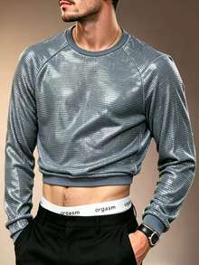 ZURIURI Men's Sequin Raglan Long Sleeve Cropped Top, Slim Fit, Flattering, Brand, Casual Daily Wear T-Shirt - Grey - View 4