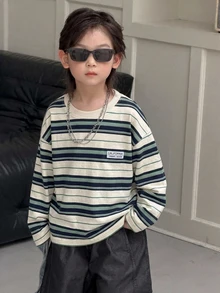 Dazy Kids 男童休閒條紋基本款長袖秋季T恤 - 寶藍色 - 查看 3
