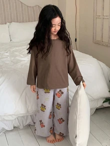 Dazy Kids 女童秋季圓領針織長袖T恤＋長褲居家休閒套裝 - 摩卡棕 - 查看 3