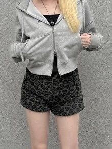 FRIFUL Women's Leopard Print Faux Fur Fashion Sexy Versatile Shorts Lounge Dark Grey Autumn - Brown - View 2