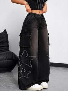 SHEIN Tall CURVE Plus Size Fashion Button Pocket Applique Embroidery Denim Jeans - Black - View 8